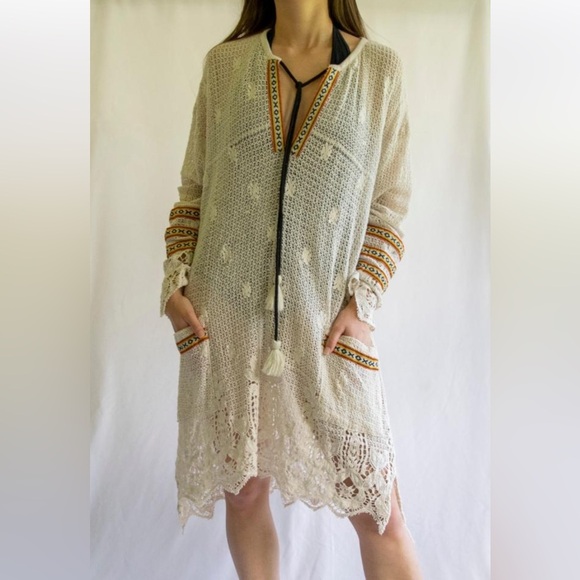 Muche Muchette Boho Crocheted Dress Or Swim Cover-Up One Size Cream EUC! - Picture 1 of 13